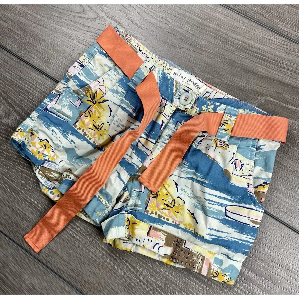 Mini Boden Girls Cityscape Print Ribbon Belt Shorts Multicolor‎ Size 7Y